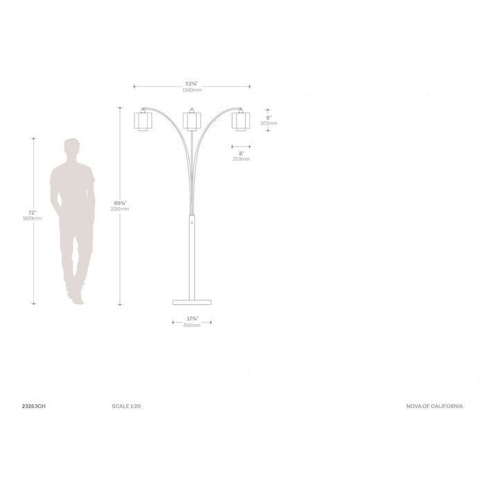 Nova California Marilyn 3Lt 90" Arc Floor Lamp, Chrome/Mylar/Crystal