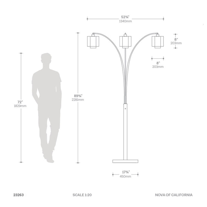 Nova California Marilyn 3Lt 90" Arc Floor Lamp, Brass/Mylar/Crystal