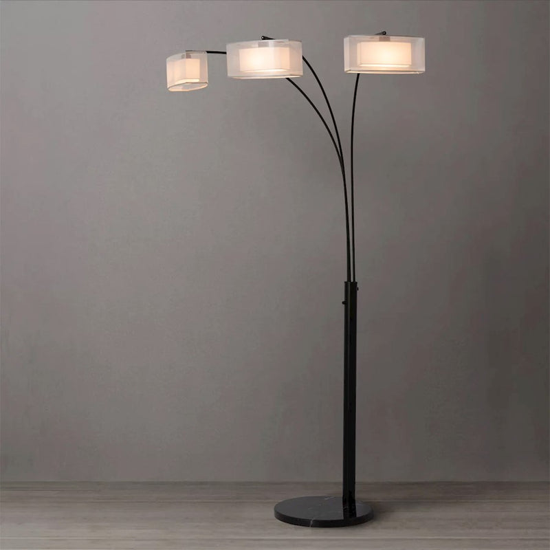 Nova California Amarillo 84in 3-Light Arc Floor Lamp | Mid-Century Matte Black and White Organza | Living Room | 48 x 36 x 84 in | Model 234349BN