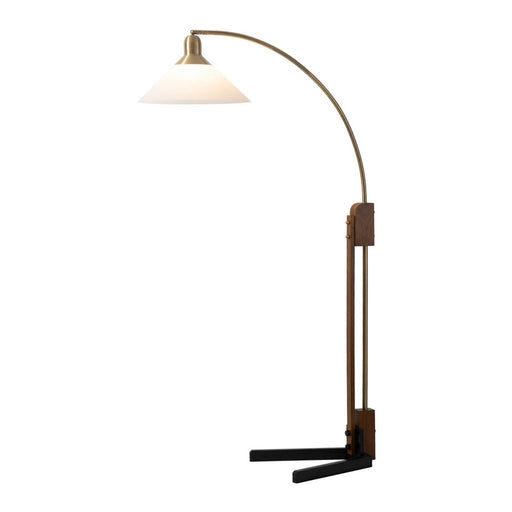Nova California Melmar Chairside Arc Floor Lamp | Mid-Century Weathered Brass and Dark Brown Wood with White Lucite Shade | Living | Model 26265WB
