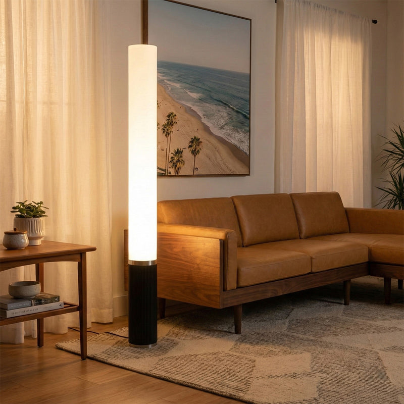 Nova California Tambo Cylindro 60in 1-Light Floor Lamp | Mid-Century Black Oak and White Acrylic | Living Room & Reading Corner | Model 2710799BO