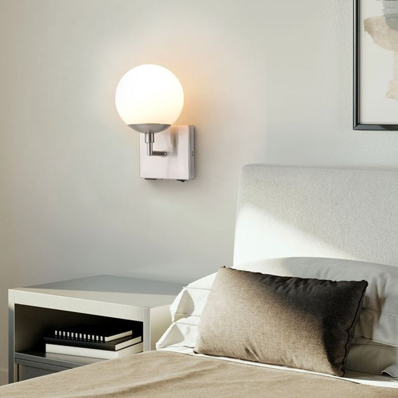 Nova California Globe 10in 1-Light Wall Sconce | Modern Satin Nickel and Opal White Glass | Bedside & Hallway | 800 Lumens, 2700K | Model 301085SN