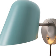Nova California Culver Plug-in Wall Sconce | Mid-Century Modern Satin Nickel and Pool Blue Steel Shade | Bedroom & Study | Model 3011589BL