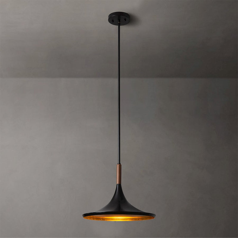 Nova California Lodi 13in 1-Light Pendant | Mid-Century Matte Black Steel and Walnut Wood with Hammered Gold Leaf Interior | Model 3110500MB