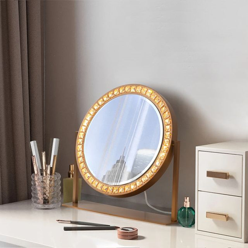 Nova California Marilyn 20in Round Table Top Vanity Mirror | Glam Weathered Brass Steel & Crystal Frame | Bedroom & Bathroom Vanity | Model 4111270BB