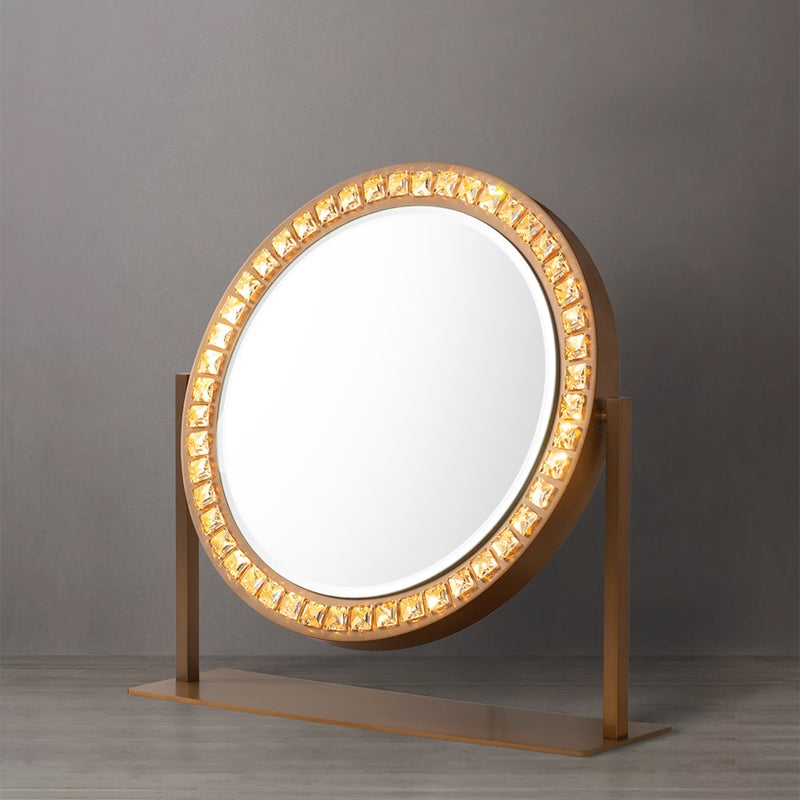 Nova California Marilyn 20in Round Table Top Vanity Mirror | Glam Weathered Brass Steel & Crystal Frame | Bedroom & Bathroom Vanity | Model 4111270BB