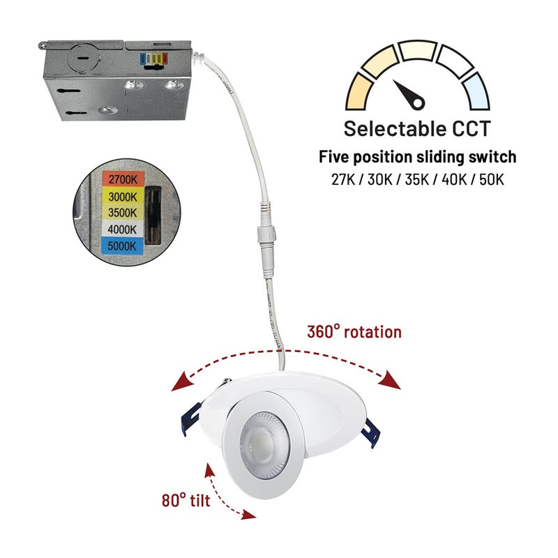 Nora 4" M-Curve Can-Less LED Downlight, Selectable CCT/900Lm/9W/WH