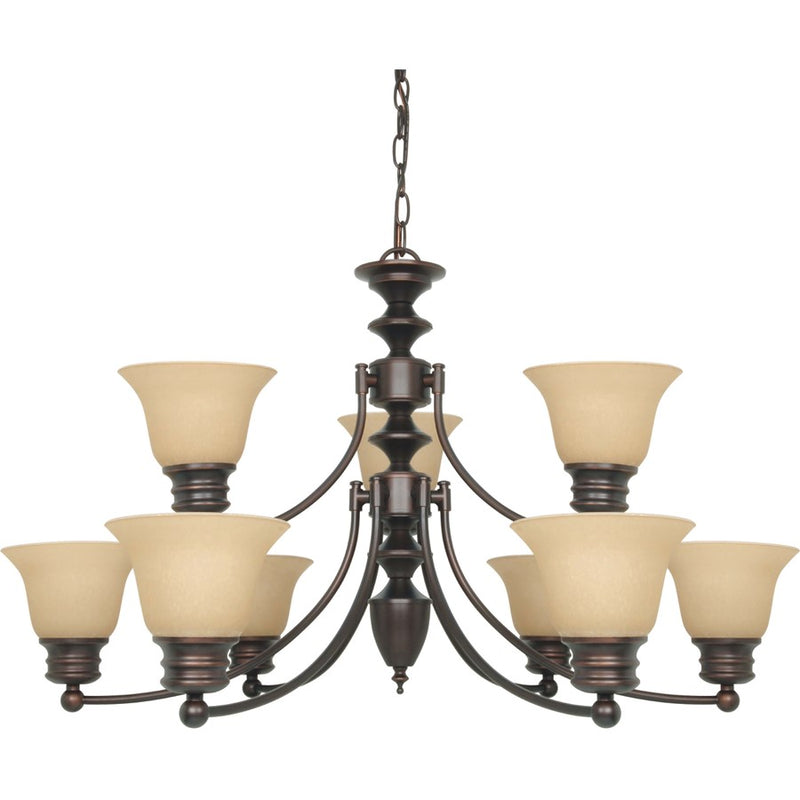 Nuvo Lighting Empire 32in 9-Light Chandelier | Traditional Mahogany Bronze and Champagne Linen Glass | Dining Room & Living Room | 27 x 17 | Model 60-1275