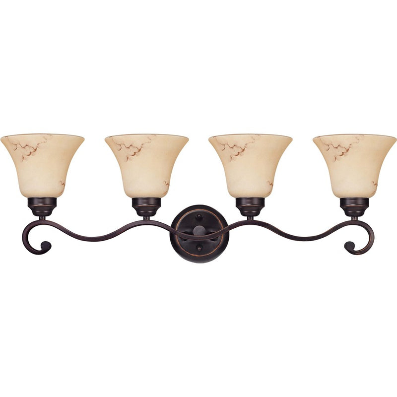 Nuvo Lighting Anastasia 32.625in 4-Light Bathroom Vanity | Transitional Copper Espresso and Honey Marble Glass | Bathroom Vanity | 11 x 11 | Model 60-1415