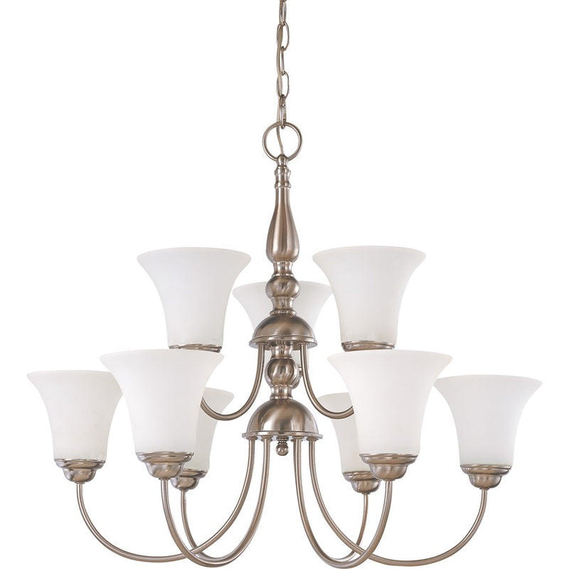 Nuvo Dupont 27in 9-Light Chandelier | Traditional Brushed Nickel and Satin White Glass | Dining Room & Living Room | 27 x 27 x 23.75 in | Model 60-1823