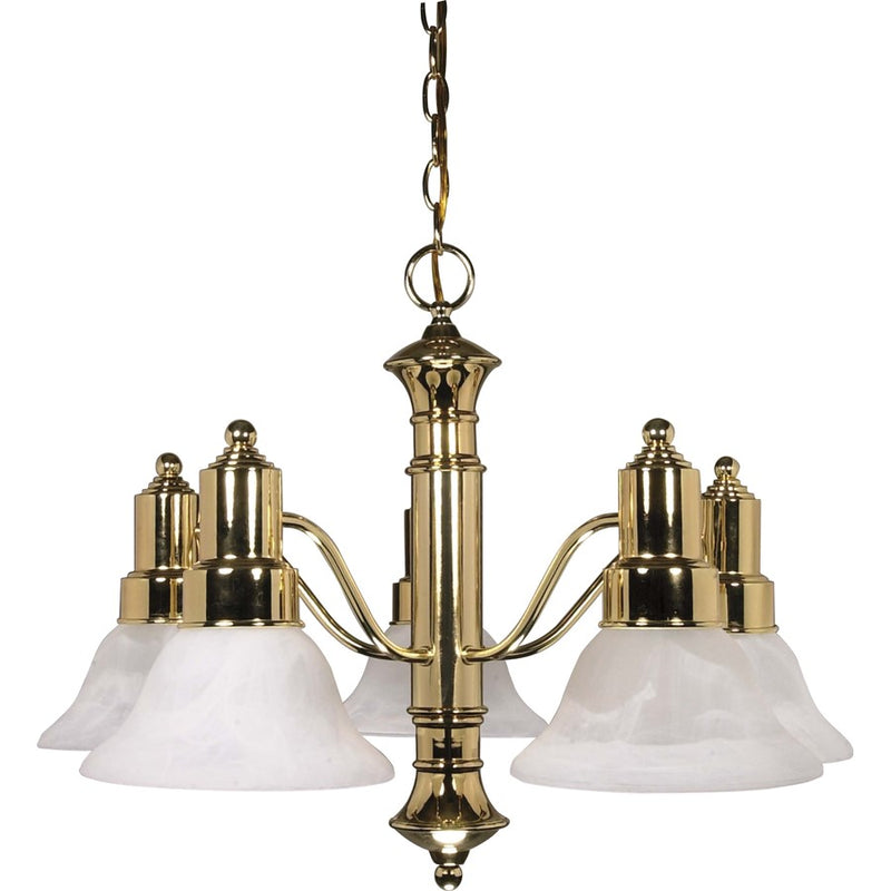 Nuvo Gotham 25in 5-Light Chandelier | Polished Brass and Alabaster Glass Bell Shades | Dining Room & Living Room | 24.5 x 24.5 x 17.5 in | Model 60-193