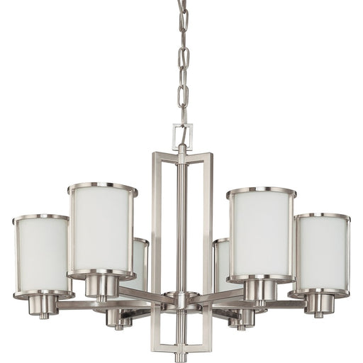 Nuvo Odeon 28in 6-Light Chandelier | Art Deco Brushed Nickel and Satin White Glass | Dining Room & Living Room | 28 x 25 x 22 in | Model 60-2853