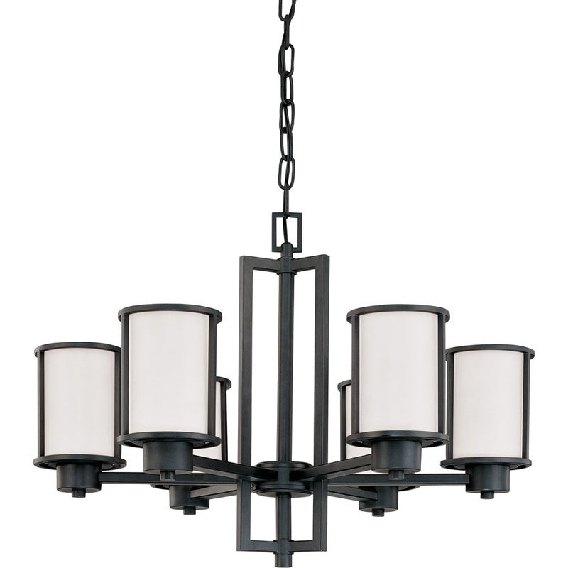 Nuvo Odeon 28in 6-Light Chandelier | Transitional Aged Bronze and Satin White Glass | Dining Room & Living Room | 28 x 28 x 20 in | Model 60-2975