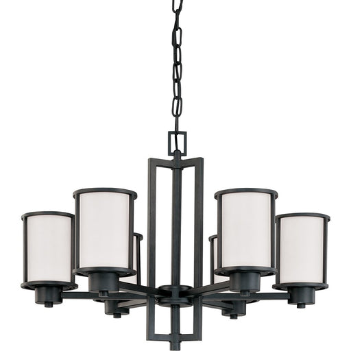 Nuvo Odeon 28in 6-Light Chandelier | Transitional Aged Bronze and Satin White Glass | Dining Room & Living Room | 28 x 28 x 20 in | Model 60-2975