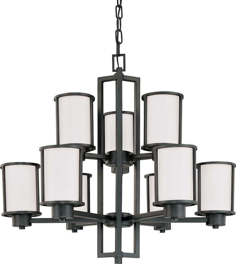 Nuvo Odeon 30in 9-Light Chandelier | Transitional Aged Bronze and Satin White Glass | Dining Room & Living Room | 30 x 30 x 27 in | Model 60-2979