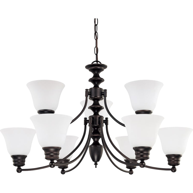 Nuvo Empire 32in 9-Light Chandelier | Traditional Mahogany Bronze and Frosted White Glass | Dining Room & Living Room | 27 x 17 x 31 in | Model 60-3171