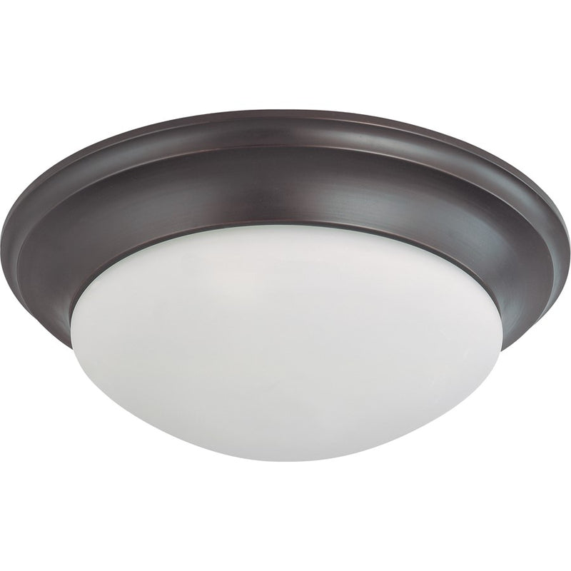 Nuvo Twist & Lock 17in 3-Light Flush Mount | Transitional Mahogany Bronze and Frosted White Glass | Damp-Rated Bathroom & Hallway Ceiling | Model 60-3177