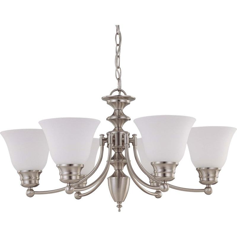Nuvo Empire 26in 6-Light Chandelier | Brushed Nickel and Frosted White Glass | Dining Room & Living Room | 22 x 22 x 25 in | Model 60-3255