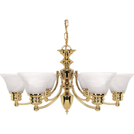 Nuvo Empire 26in 6-Light Chandelier | Traditional Polished Brass and Alabaster Glass Bell Shades | Dining Room & Living Room | 22 x 11 x 25 | Model 60-357