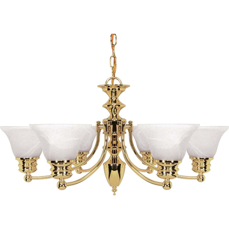 Nuvo Empire 26in 6-Light Chandelier | Traditional Polished Brass and Alabaster Glass Bell Shades | Dining Room & Living Room | 22 x 11 x 25 | Model 60-357