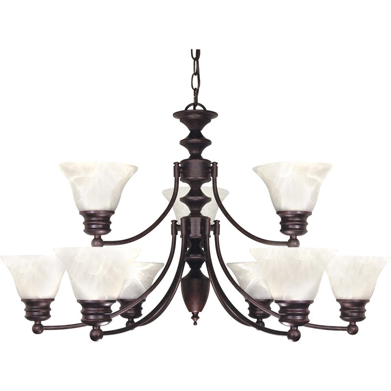 Nuvo Empire 32in 9-Light Chandelier | Traditional Old Bronze and Alabaster Glass Bell Shades | Dining Room & Living Room | 32 x 32 x 18 in | Model 60-362