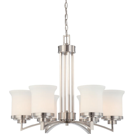 Nuvo Lighting Harmony 26in 6-Light Chandelier | Brushed Nickel and Satin White Glass | Dining Room & Living Room | 28 x 18 x 22 in | Model 60-4105