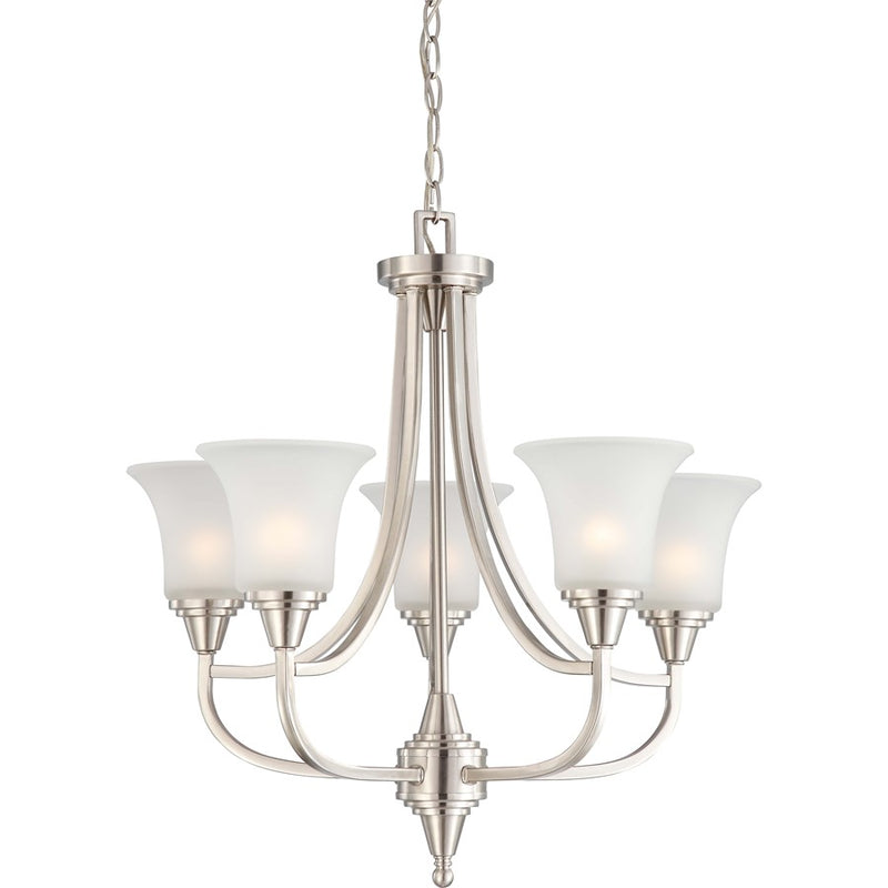 Nuvo Lighting Surrey 24in 5-Light Chandelier | Contemporary Brushed Nickel and Frosted Glass | Dining Room & Living Room | 24 x 24 x 23 in | Model 60-4146