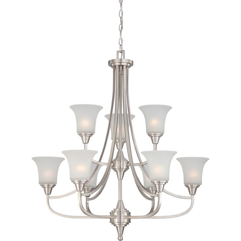 Nuvo Surrey 32in 9-Light Two-Tier Chandelier | Contemporary Brushed Nickel and Frosted Glass | Dining Room & Living Room | 32 x 29 x 35 in | Model 60-4149