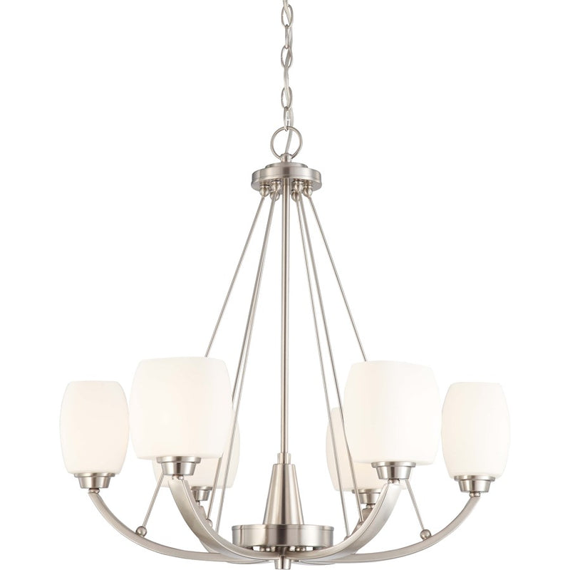 Nuvo Lighting Helium 27in 6-Light Chandelier | Contemporary Brushed Nickel and Satin White Glass | Dining Room & Living Room | 27 x 27 x | Model 60-4186