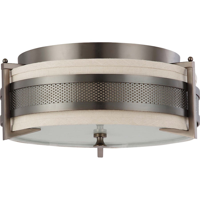 Nuvo Diesel 16in 3-Light Flush Mount | Industrial Aged Bronze and Khaki Fabric Shade | Kitchen & Hallway | 16 x 16 x 8 in | Model 60-4436