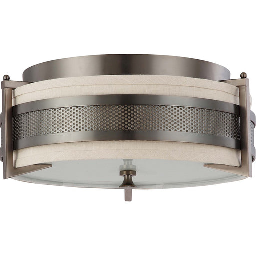 Nuvo Diesel 16in 3-Light Flush Mount | Industrial Aged Bronze and Khaki Fabric Shade | Kitchen & Hallway | 16 x 16 x 8 in | Model 60-4436