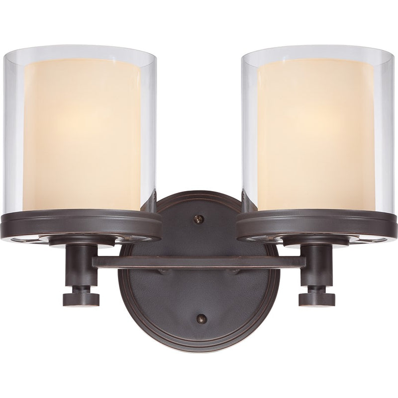 Nuvo Decker 13.75in 2-Light Vanity Light | Industrial Sudbury Bronze and Clear & Cream Glass | Bathroom Vanity | 13.75 x 10.25 x 6.75 in | Model 60-4542