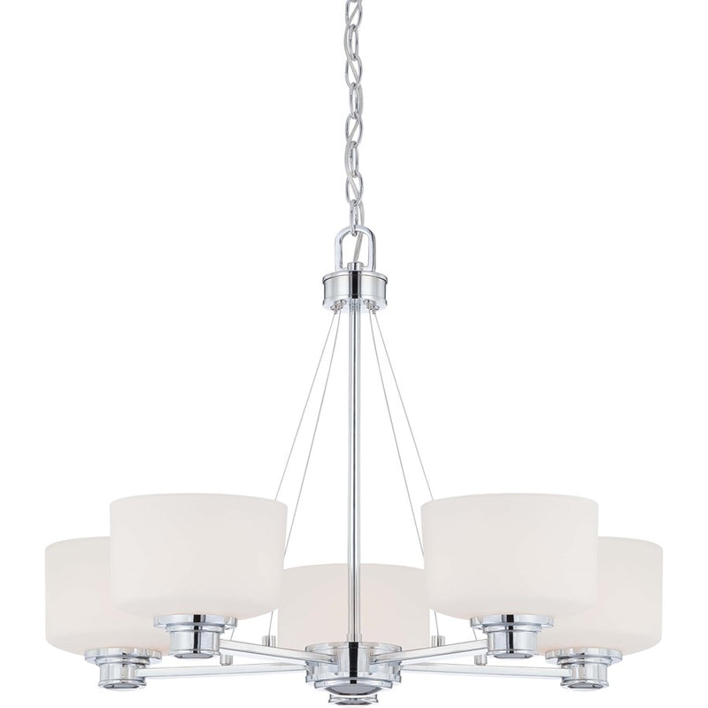 Nuvo Lighting Soho 27in 5-Light Chandelier | Polished Chrome and Satin White Glass | Dining Room & Living Room | 27.5 x 27.5 x 20.25 in | Model 60-4585