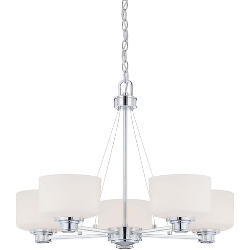 Nuvo Lighting Soho 27in 5-Light Chandelier | Polished Chrome and Satin White Glass | Dining Room & Living Room | 27.5 x 27.5 x 20.25 in | Model 60-4585