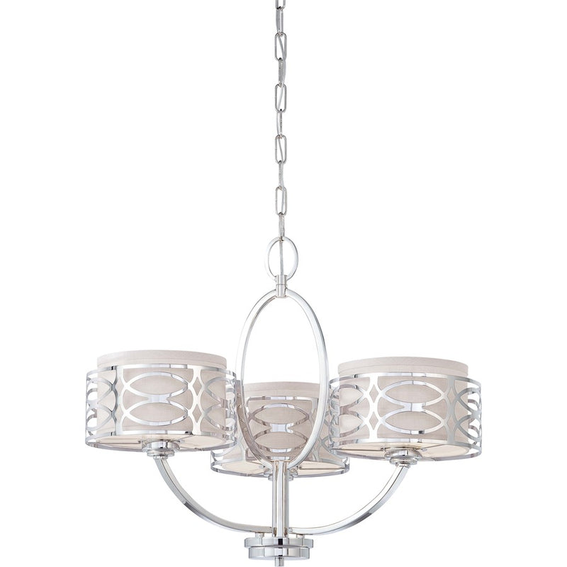 Nuvo Harlow 25in 3-Light Chandelier | Polished Nickel and Slate Gray Fabric | Kitchen & Dining Room | 25 x 25 x 20 in | Model 60-4624