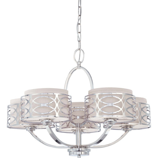 Nuvo Harlow 27.75in 5-Light Chandelier | Polished Nickel and Slate Gray Fabric | Dining Room & Living Room | 23 x 17 x 19 in | Model 60-4625