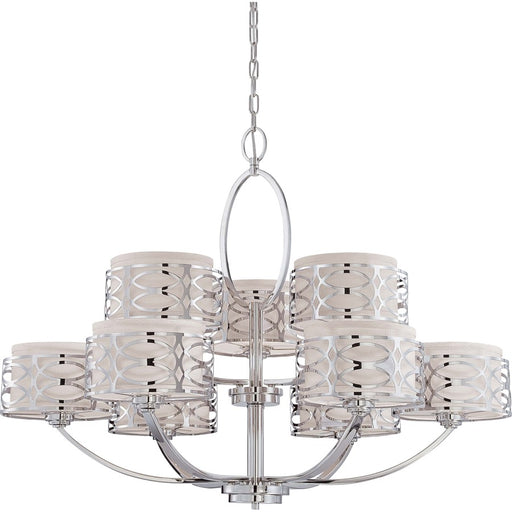 Nuvo Harlow 38in 9-Light Chandelier | Polished Nickel and Slate Gray Fabric | Kitchen Island & Dining Room | 38 x 38 x 29 in | Model 60-4630