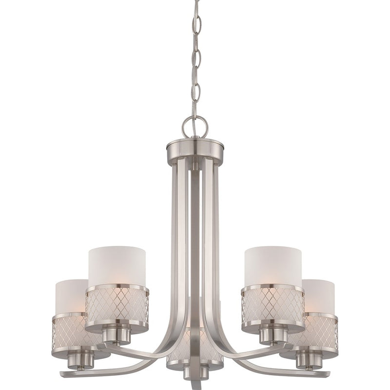 Nuvo Lighting Fusion 22in 5-Light Chandelier | Industrial Brushed Nickel and Frosted Glass | Dining Room & Living Room | 22 x 22 x 20 in | Model 60-4685
