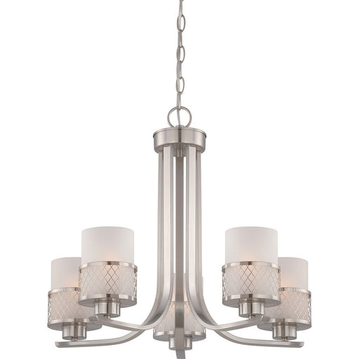Nuvo Lighting Fusion 22in 5-Light Chandelier | Industrial Brushed Nickel and Frosted Glass | Dining Room & Living Room | 22 x 22 x 20 in | Model 60-4685