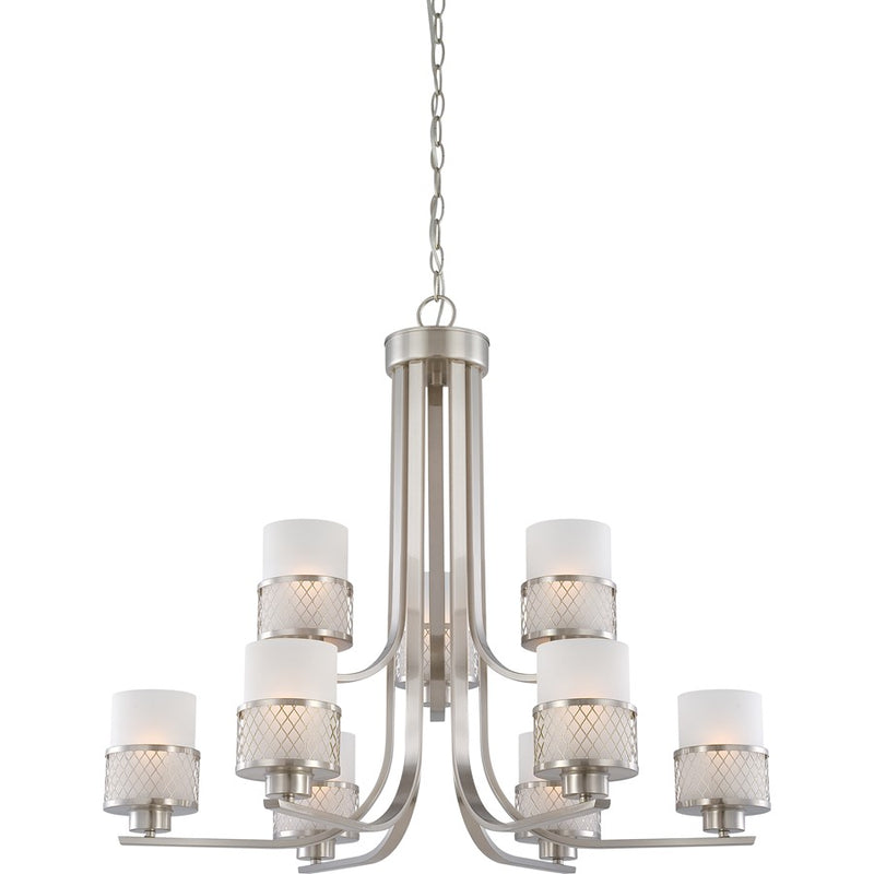 Nuvo Lighting Fusion 30.875in 9-Light Chandelier | Industrial Brushed Nickel and Frosted Glass | Dining Room & Living Room | 33 x 14 x 28 | Model 60-4689