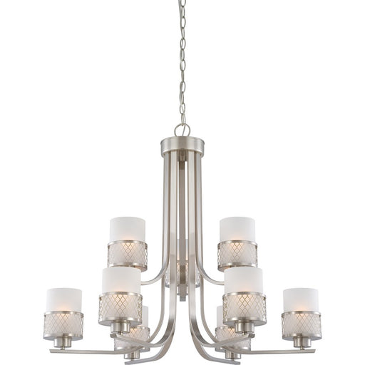 Nuvo Lighting Fusion 30.875in 9-Light Chandelier | Industrial Brushed Nickel and Frosted Glass | Dining Room & Living Room | 33 x 14 x 28 | Model 60-4689
