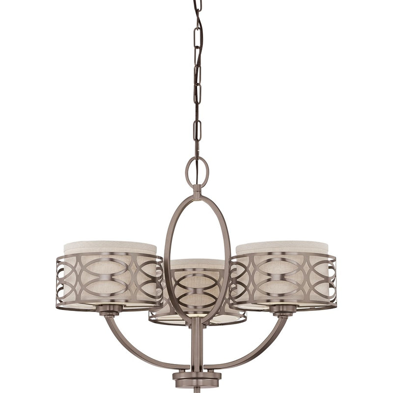 Nuvo Lighting Harlow 25in 3-Light Chandelier | Hazel Bronze and Khaki Linen Fabric | Kitchen & Dining Room | 25 x 25 x 20 in | Model 60-4724
