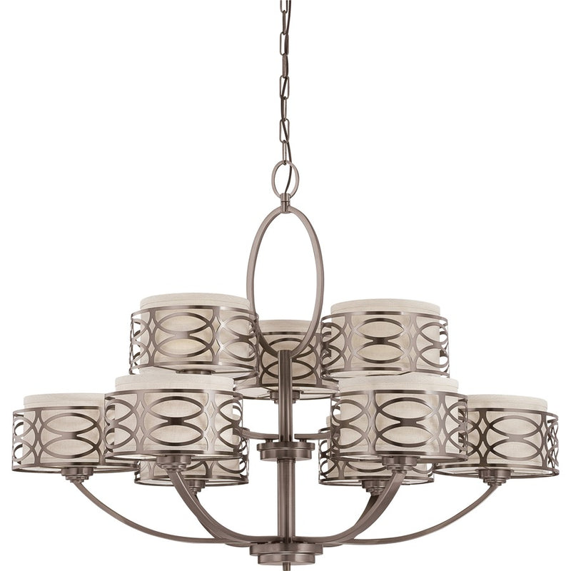 Nuvo Lighting Harlow 38in 9-Light Chandelier | Traditional Hazel Bronze and Khaki Linen Fabric Shades | Kitchen & Dining Room | 38 x 38 x | Model 60-4730