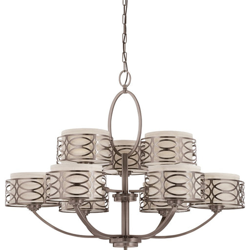 Nuvo Lighting Harlow 38in 9-Light Chandelier | Traditional Hazel Bronze and Khaki Linen Fabric Shades | Kitchen & Dining Room | 38 x 38 x | Model 60-4730