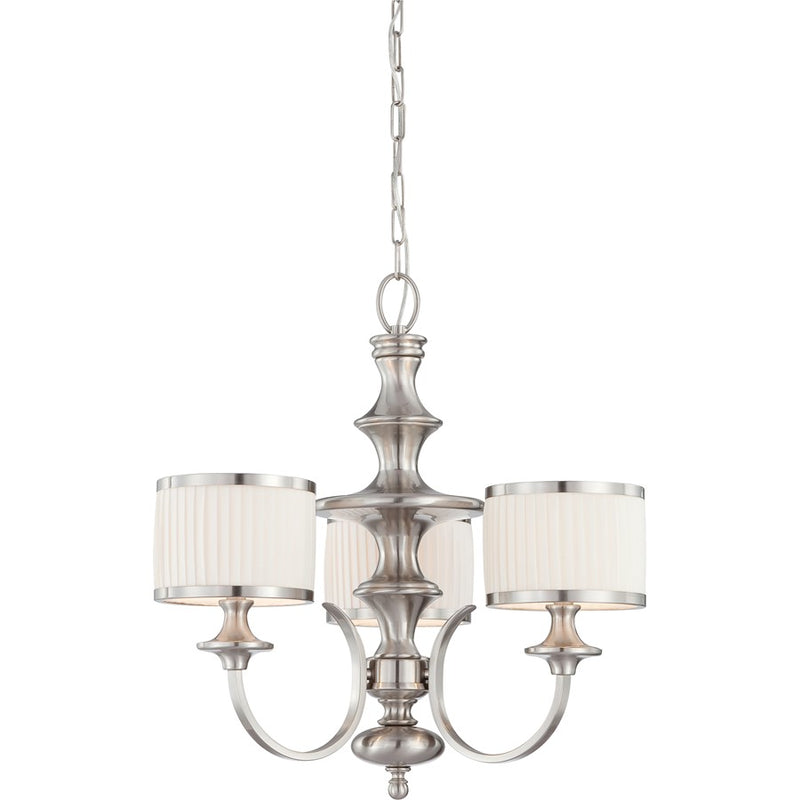 Nuvo Candice 24in 3-Light Chandelier | Traditional Brushed Nickel and Pleated White Fabric | Dining Room & Living Room | 21 x 21 x 15 in | Model 60-4734