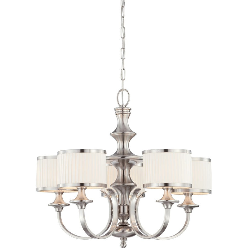 Nuvo Candice 28in 5-Light Chandelier | Traditional Brushed Nickel and Pleated White Fabric | Dining Room & Living Room | 27 x 27 x 16 in | Model 60-4735
