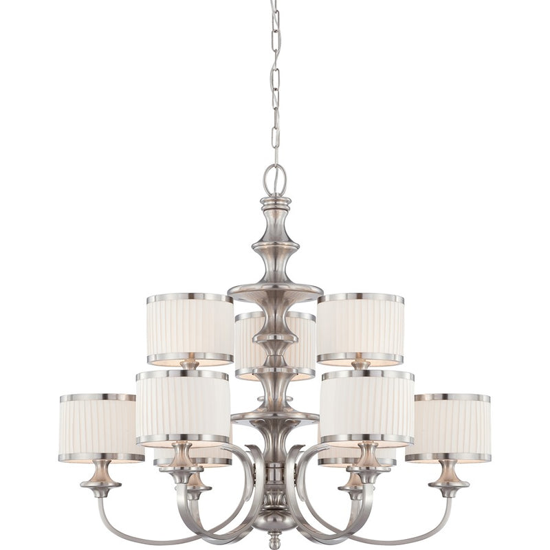 Nuvo Candice 36in 9-Light Chandelier | Traditional Brushed Nickel and Pleated White Fabric | Dining Room & Living Room | 35 x 31 x 18 in | Model 60-4739