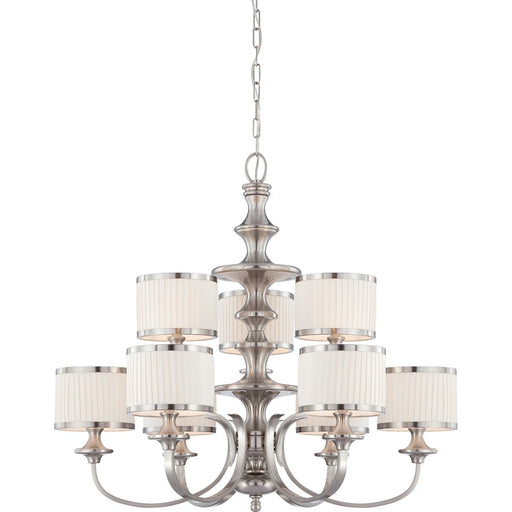 Nuvo Candice 36in 9-Light Chandelier | Traditional Brushed Nickel and Pleated White Fabric | Dining Room & Living Room | 35 x 31 x 18 in | Model 60-4739