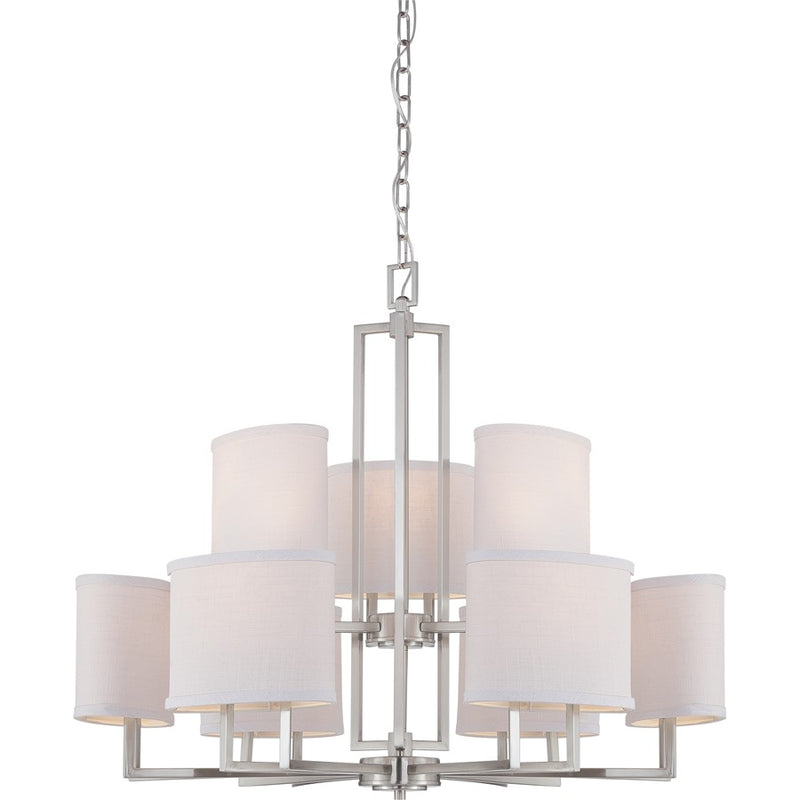 Nuvo Gemini 31in 9-Light Chandelier | Contemporary Brushed Nickel and Slate Gray Fabric Shades | Dining Room & Living Room | 31 x 27 x 27 | Model 60-4759