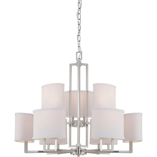 Nuvo Gemini 31in 9-Light Chandelier | Contemporary Brushed Nickel and Slate Gray Fabric Shades | Dining Room & Living Room | 31 x 27 x 27 | Model 60-4759